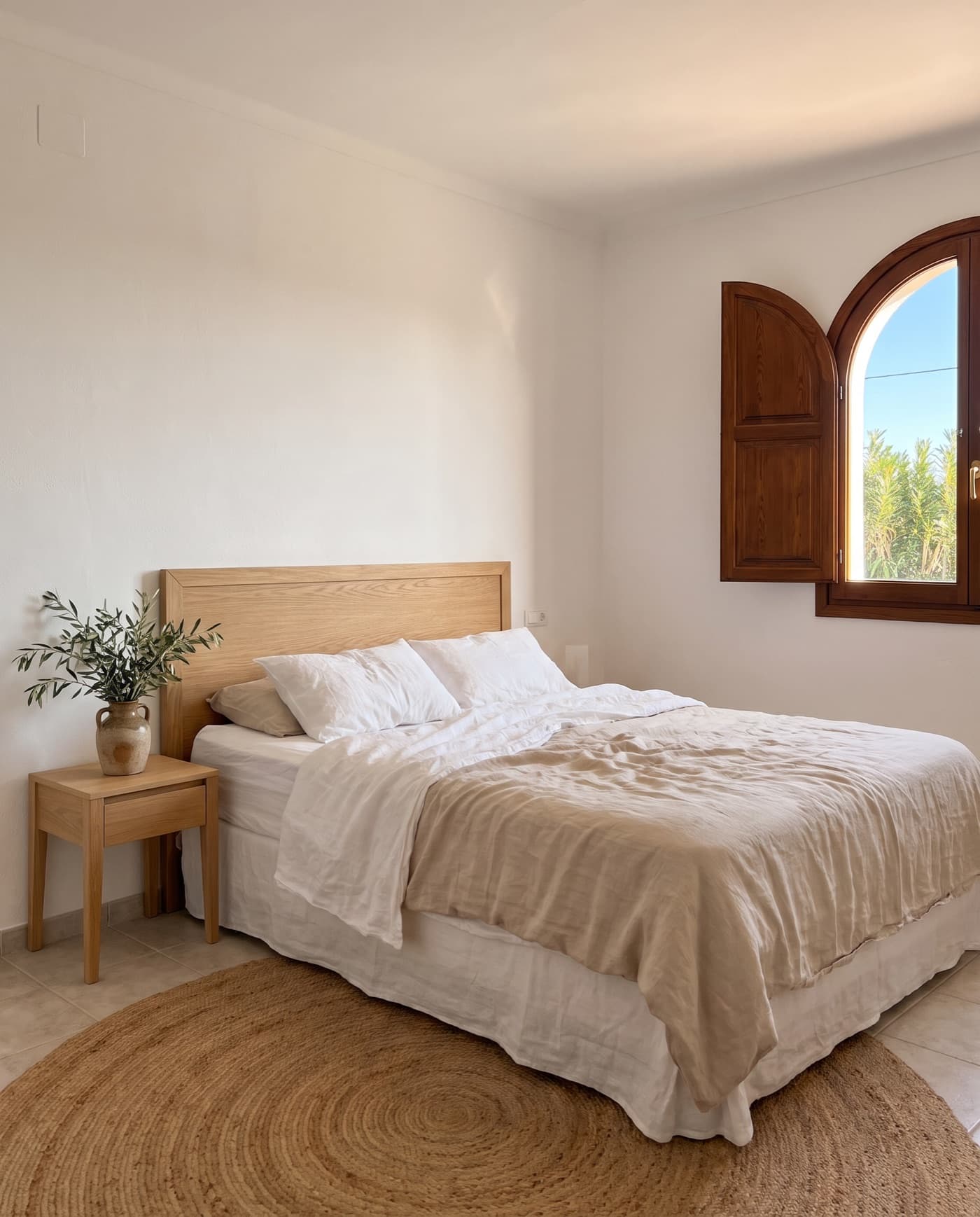 Dormitorio luminoso con ropa de cama de lino y ventana en arco